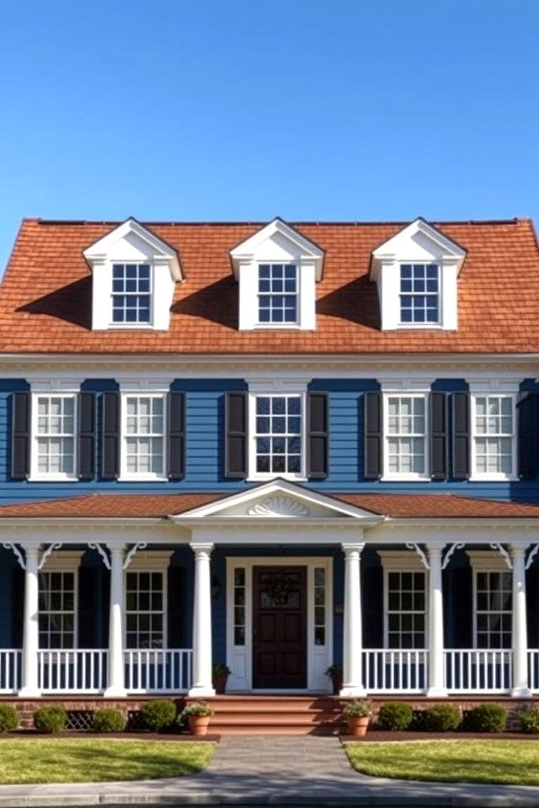 Classic Colonial Elegance - 24 blue exterior home with a brown roof ideas
