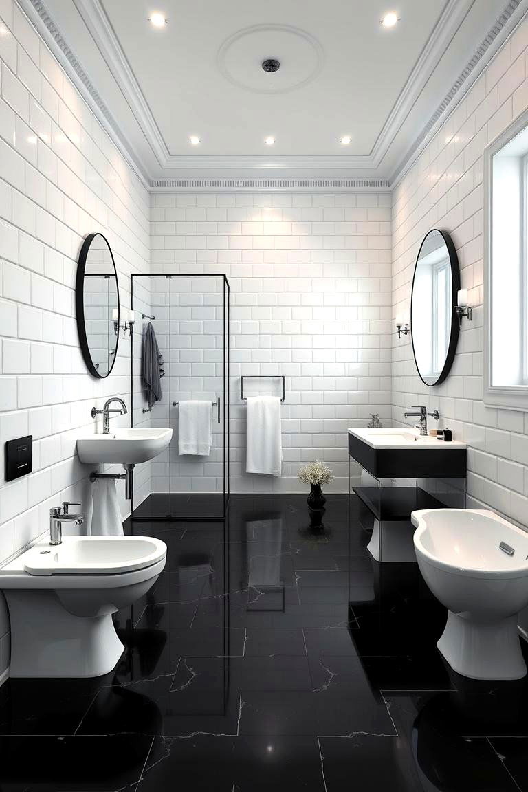 Classic Contemporary Fusion - 24 Black Floor Bathroom With White Walls Ideas