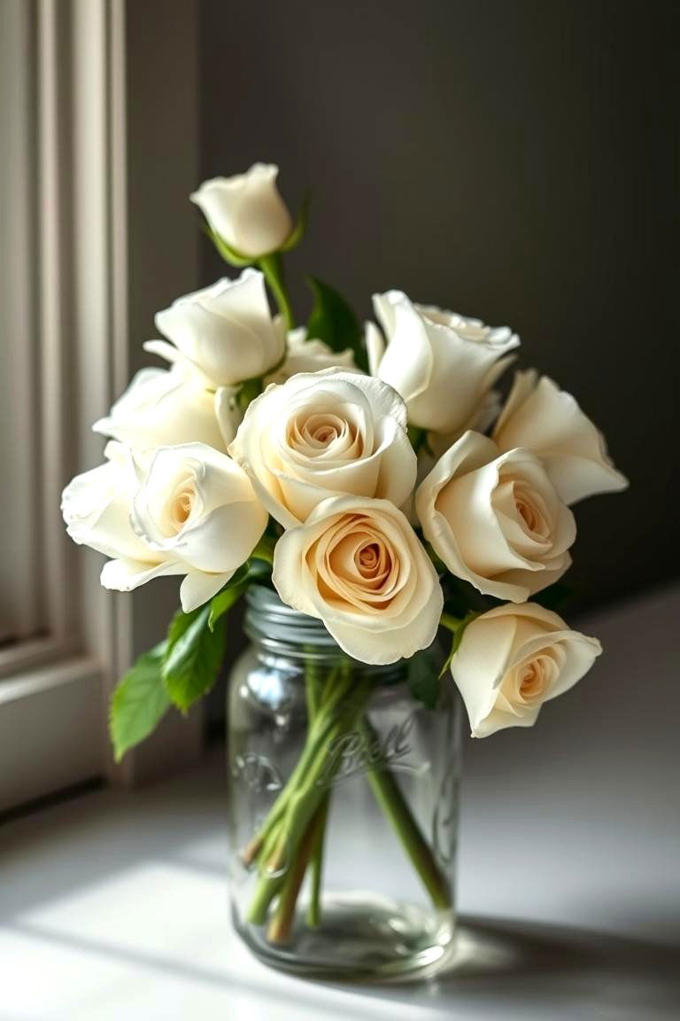 Classic Elegance White Roses and Timeless Beauty - 24 Mason Jar Wedding Centerpieces