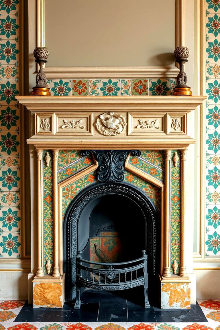 Classic French Fireplace with Decorative Tiles - 24 French Country Fireplace Ideas
