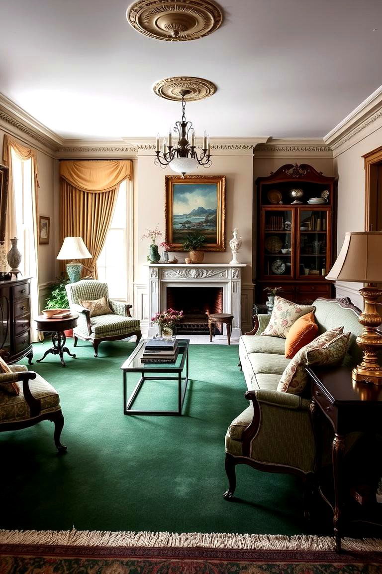 Classic Green Carpet and Timeless Decor - 24 Green Carpet Living Room Ideas