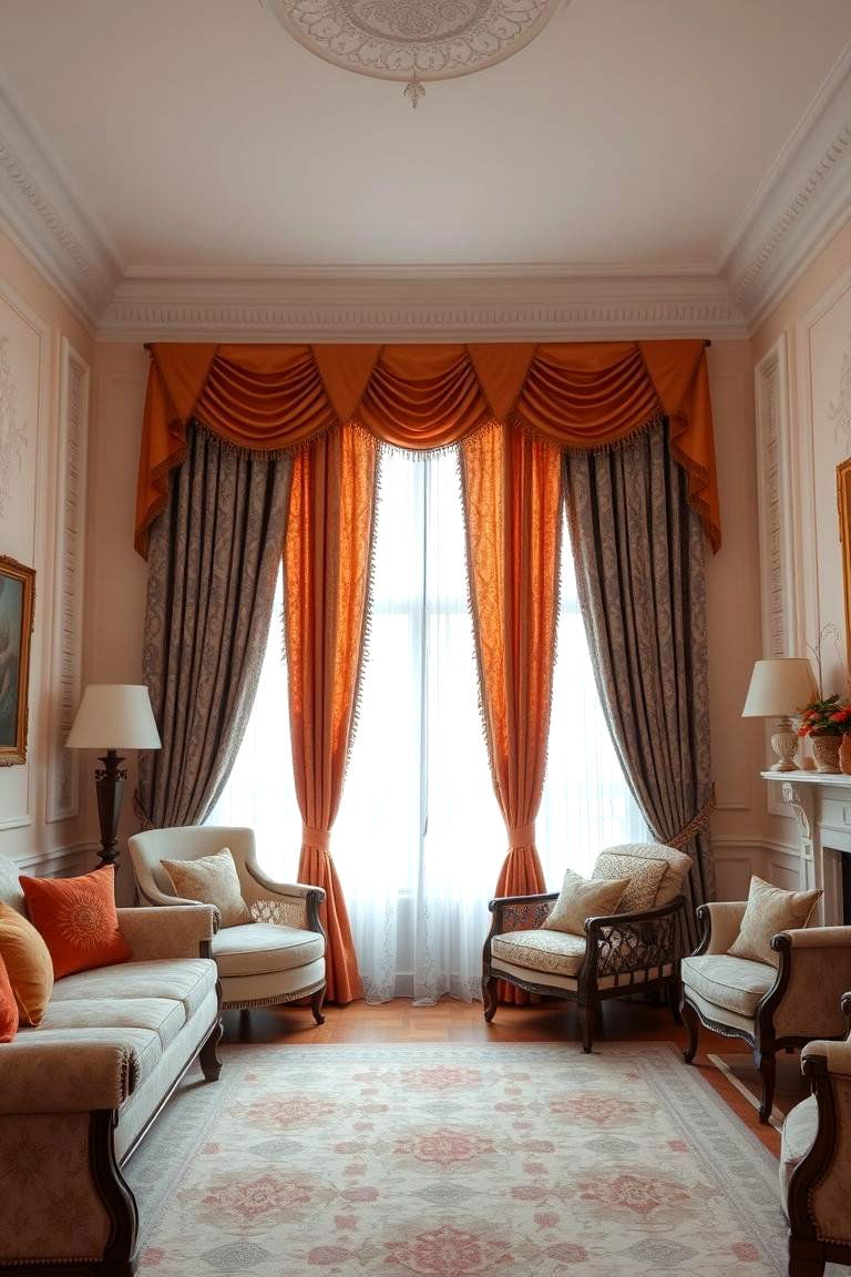 Classic Orange and Grey Patterned Curtains - 24 Orange and Grey Living Room Ideas