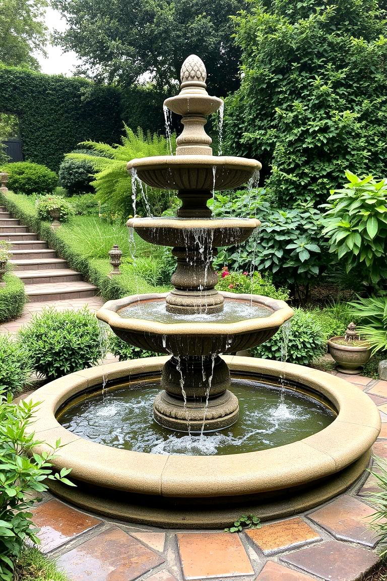 Classic Tiered Stone Fountain - 24 Backyard Fountain Ideas