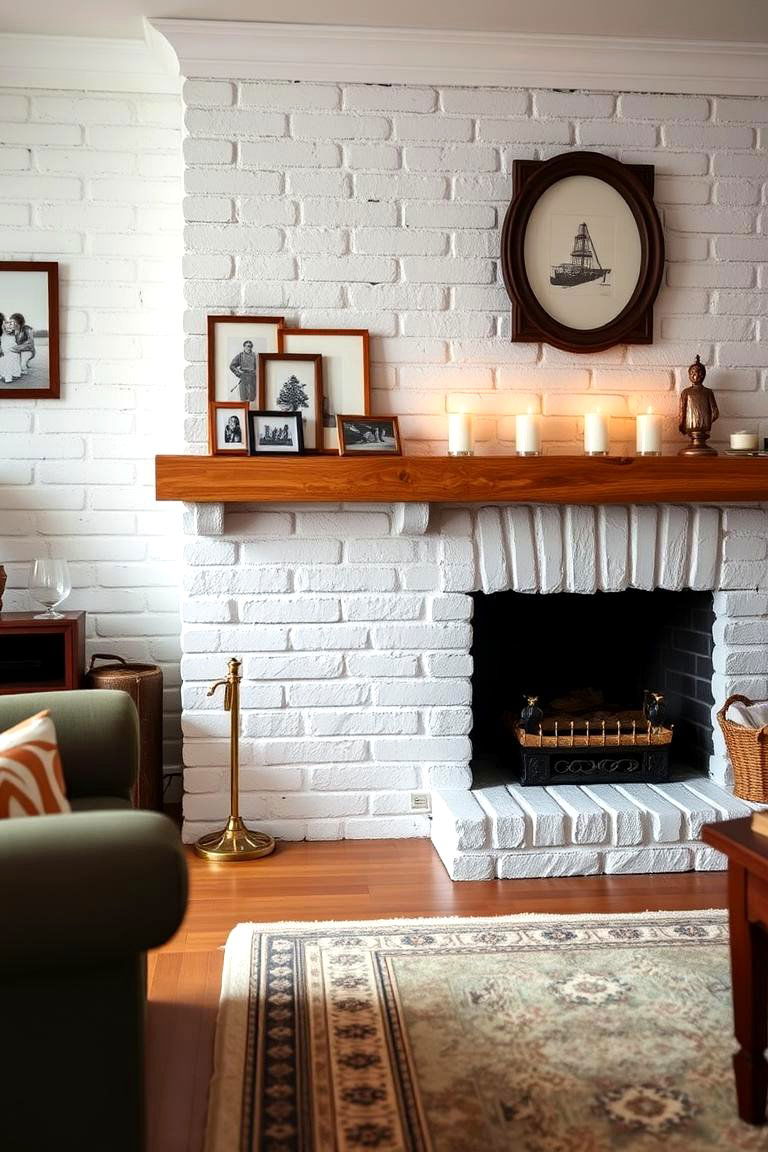 Classic White Brick with a Wooden Mantel - 24 White Brick Fireplace Ideas