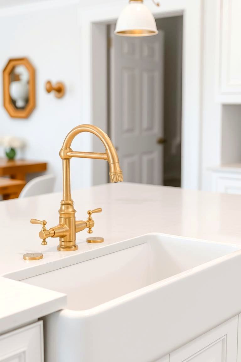 Classic White Kitchen Sink with Gold Faucet - 24 White and Gold Kitchen Ideas