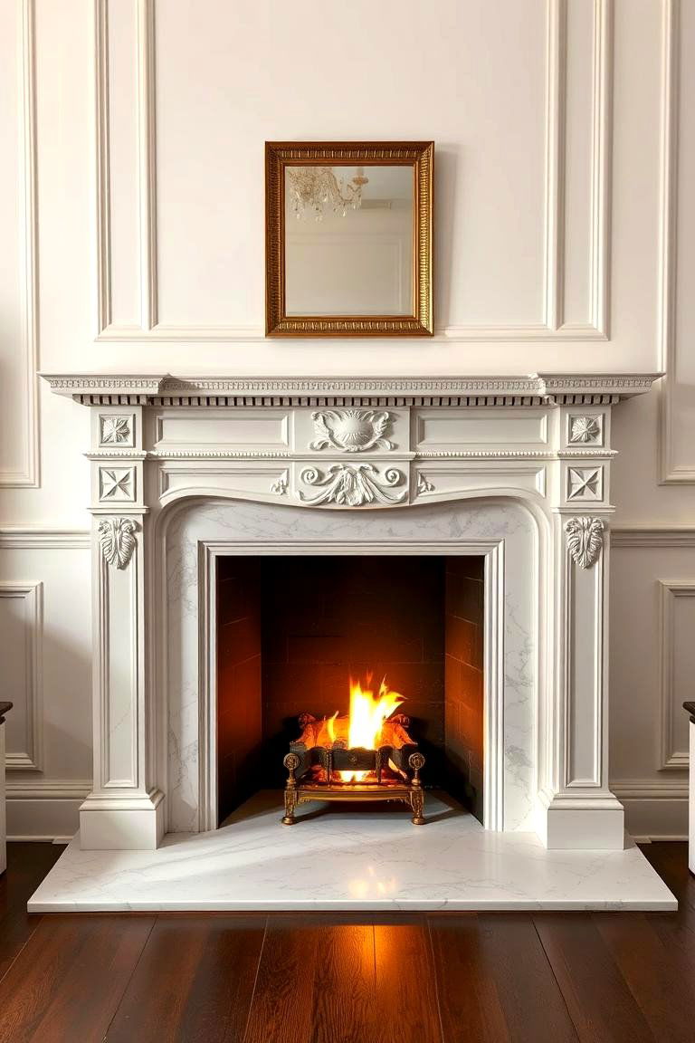 Classic White Mantel with Marble Surround - 24 White Fireplace Ideas