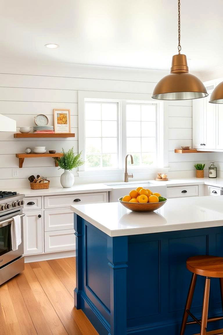 Classic White Shiplap with Contrasting Island Color - 24 Kitchen Shiplap Ideas With Kitchen Island Ideas