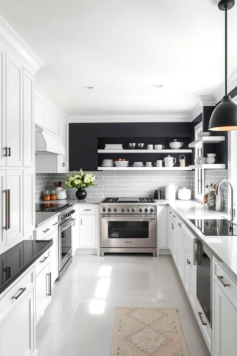 Classic White Walls Paired with Black Accents - 24 black white and gold kitchen ideas