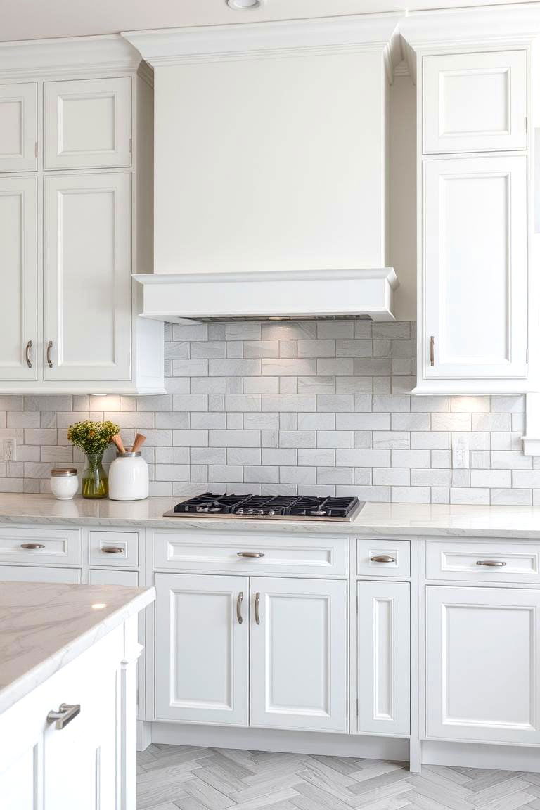 Classic White and Grey Combo - 24 White Cabinet Kitchen Backsplash Ideas