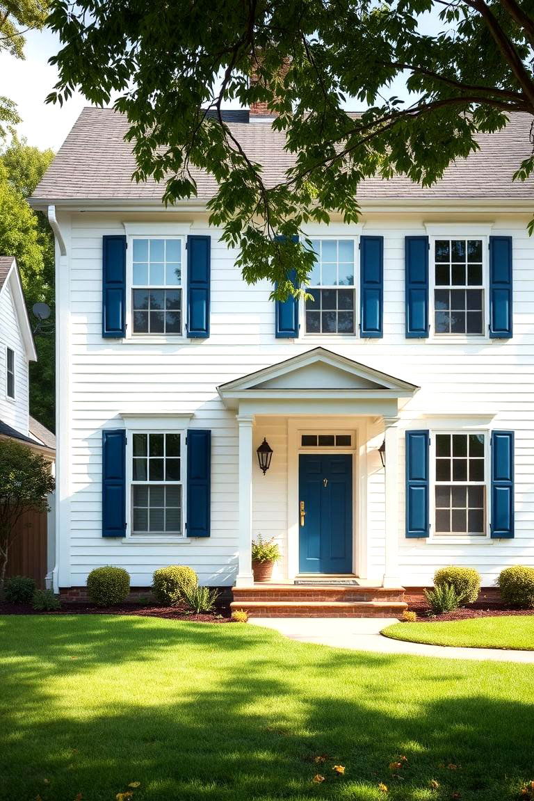Classic White and Navy Blue - 24 Exterior Garage Lighting Ideas