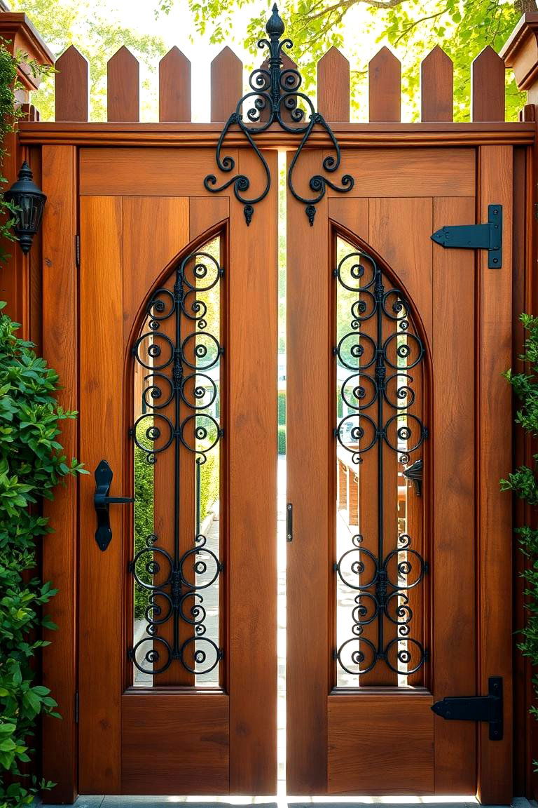 Classic Wooden Gate with Ornate Iron Accents - 24 Fence Gate Ideas