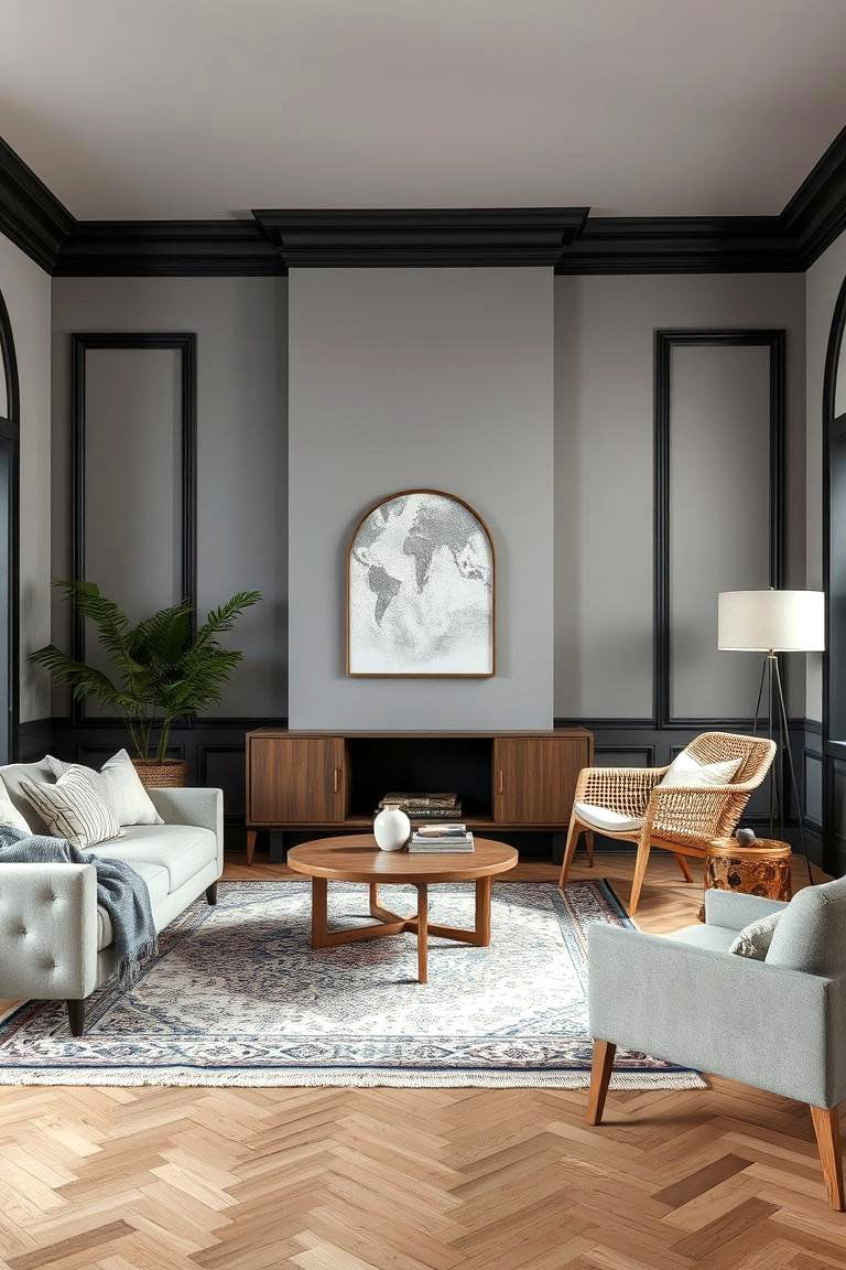 Clean Lines and Texture - 24 living room grey walls black trim
