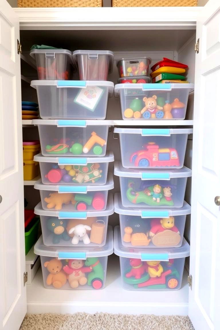 Clear Storage Tubs for Less Frequently Used Items - 24 Playroom Storage Ideas