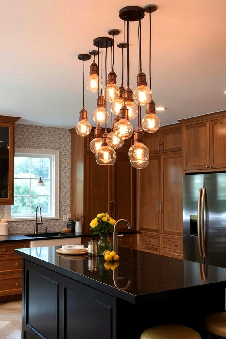 Clustered Copper Pendant Lights Over Black Island - 24 black and copper kitchen ideas