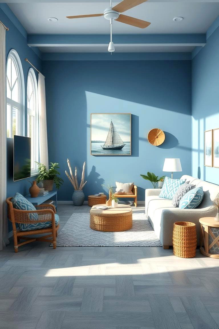 Coastal Calm Inspiration - 24 grey floor living room with blue walls ideas