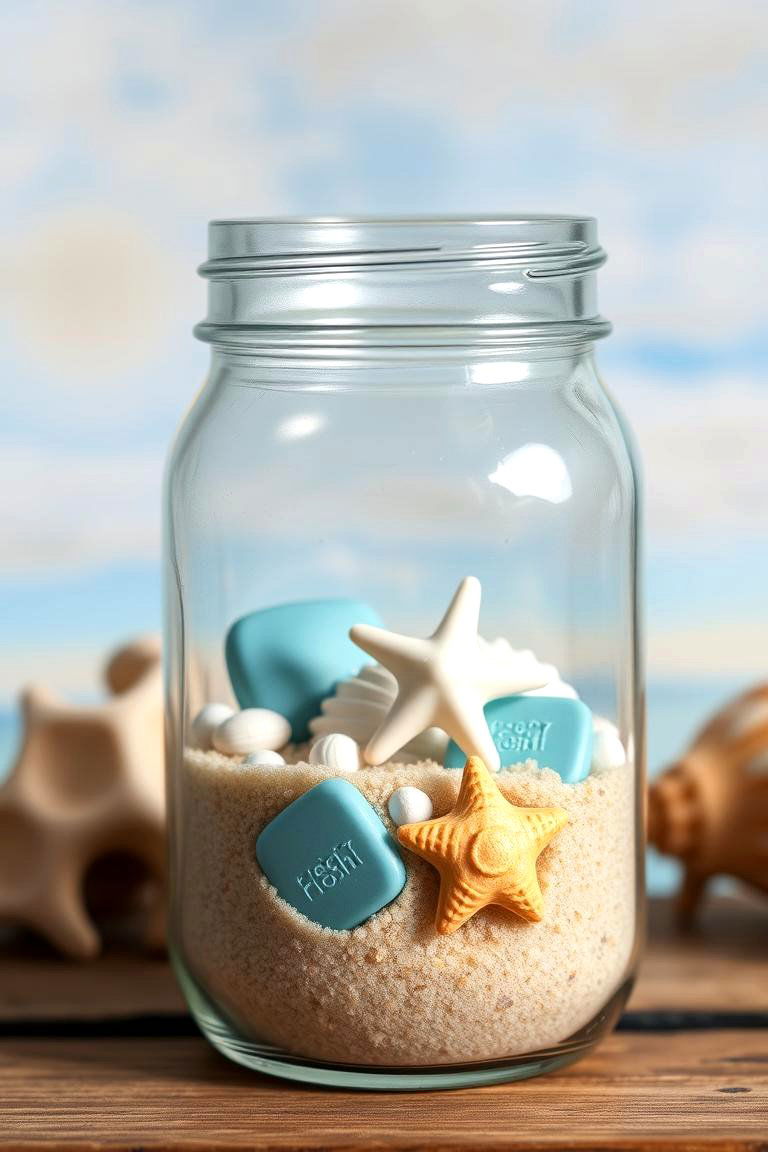 Coastal Charm Sand Seashells and Soft Blues - 24 Mason Jar Wedding Centerpieces
