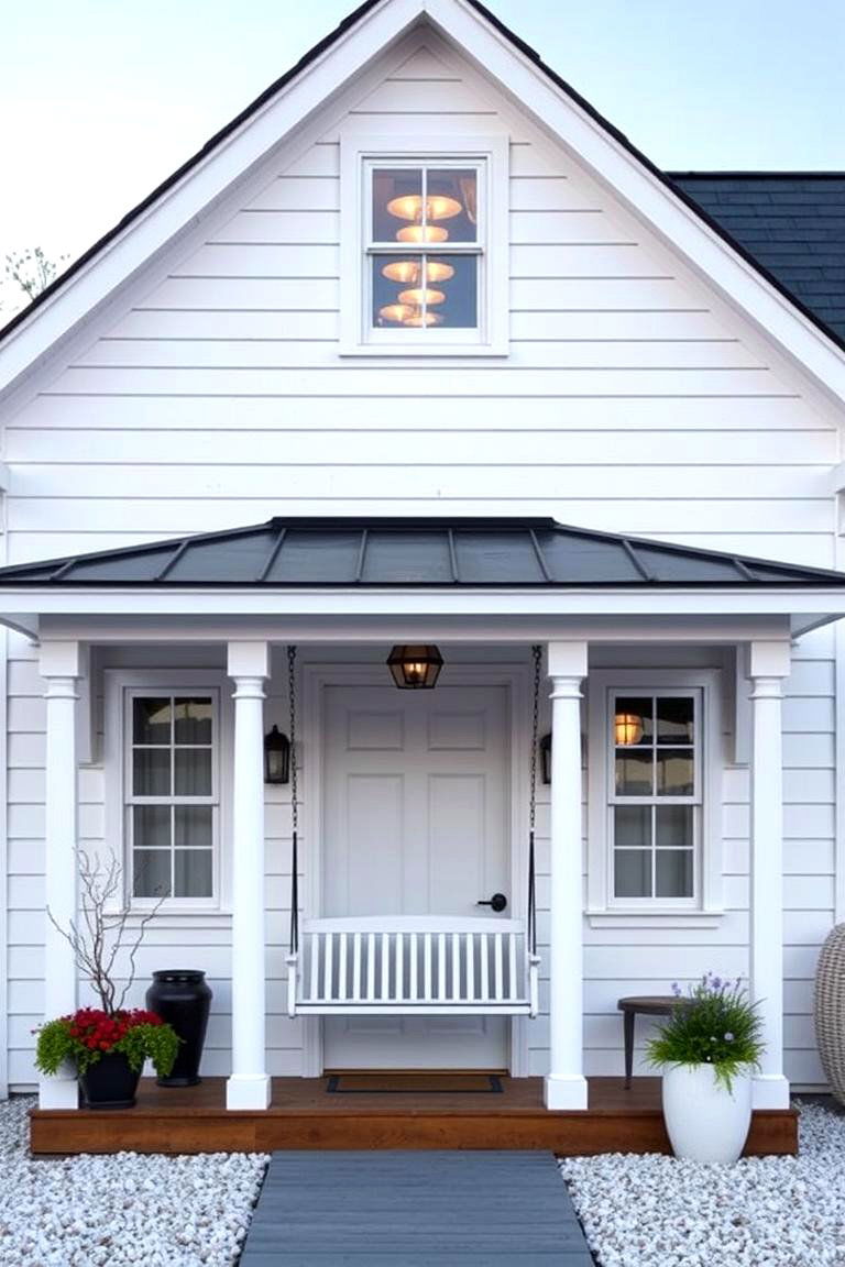 Coastal Cottage with a Porch Swing - 24 White Exterior Home with a Black Roof Ideas
