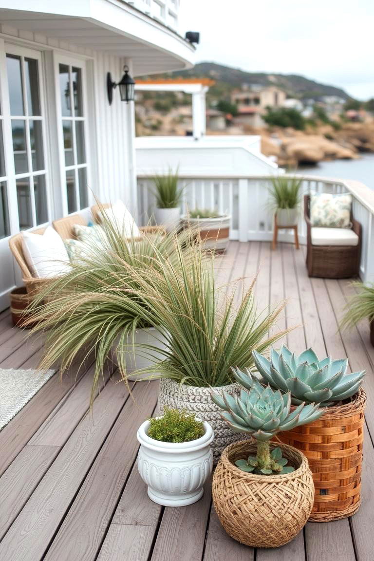 Coastal Deck with Sea Grass and Succulents - 24 Deck Decorating Ideas With Plants