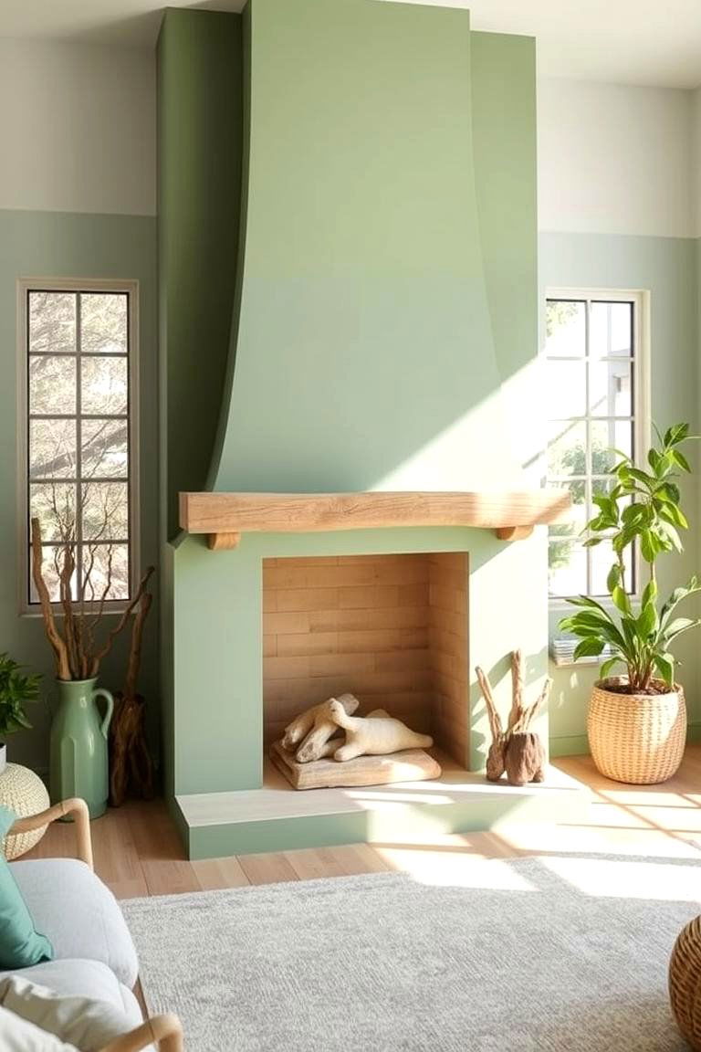Coastal Green Beach Themed Fireplace with Driftwood - 24 Green Fireplace Ideas