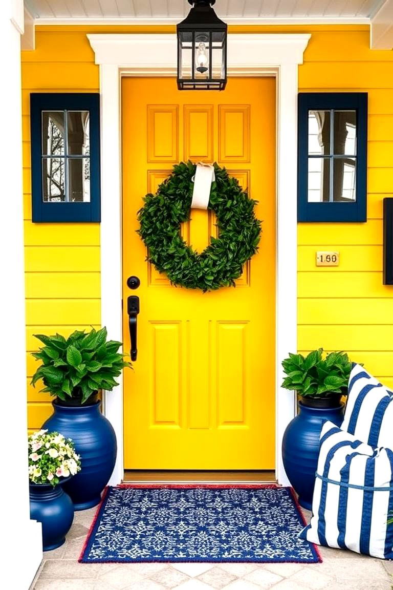 Coastal Influence with Navy Blue Accents - 24 Mustard Yellow Front Door Ideas