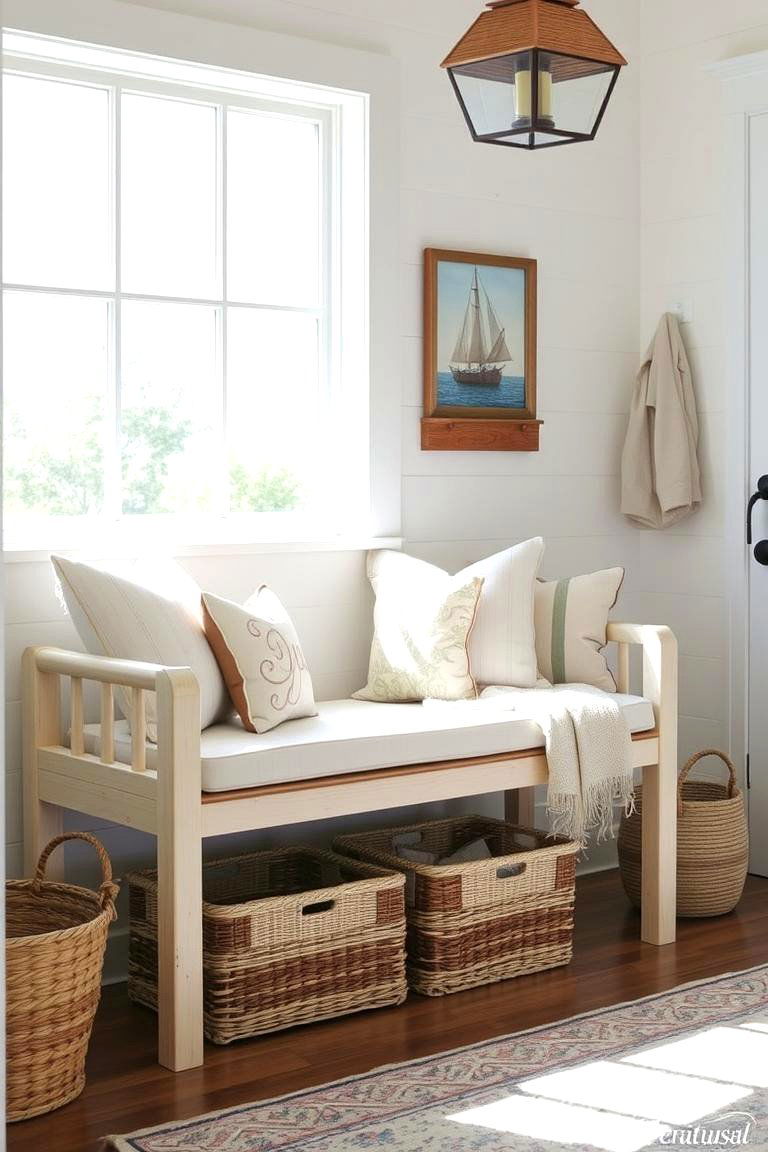 Coastal Inspired Bench with Soft Cushions - 24 Entryway Bench Ideas
