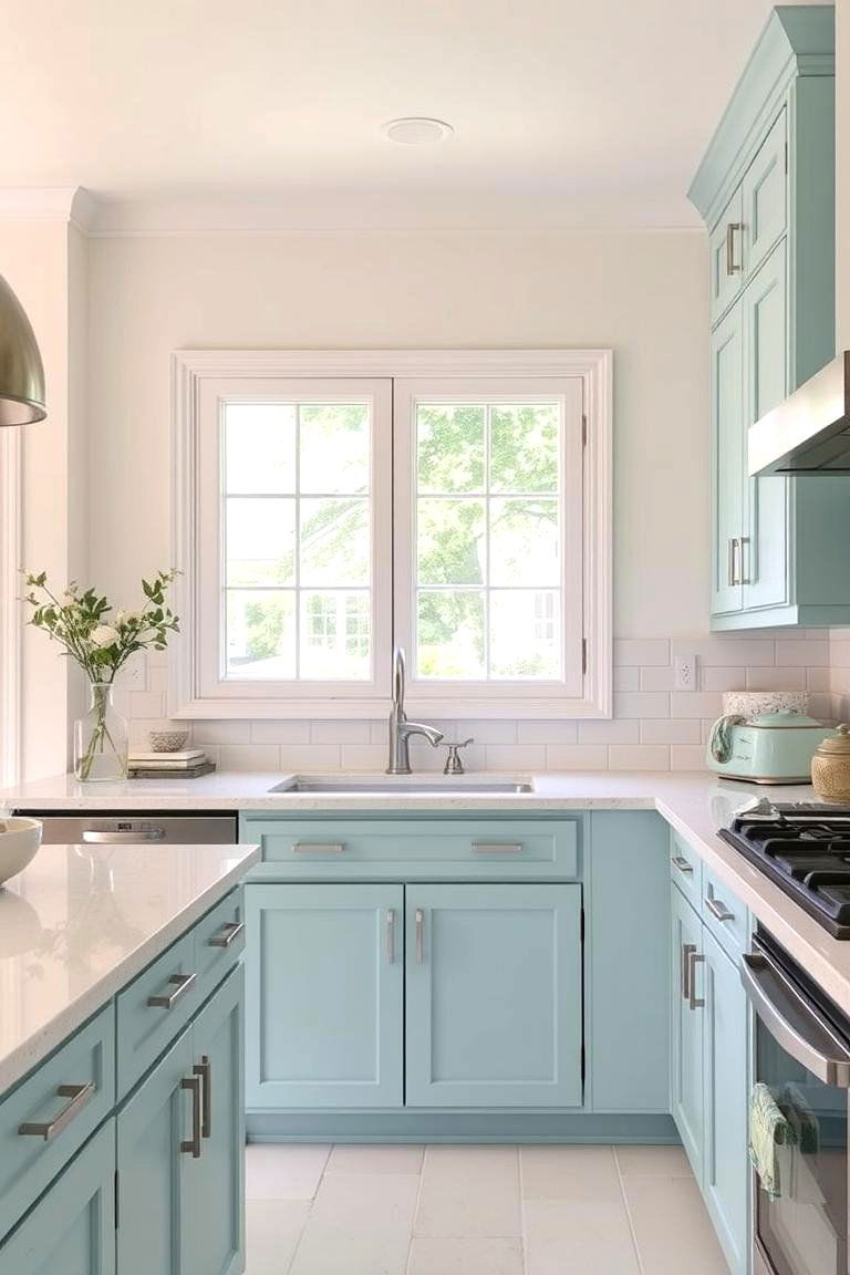 Coastal Inspired Light Teal - 24 Painting Kitchen Cabinet Ideas