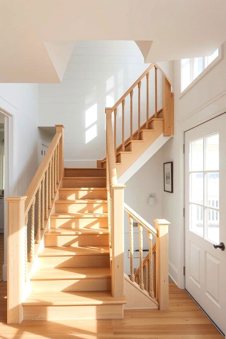 Coastal Inspired Light Wood Staircase with Rope Railing - 24 Wooden Staircase Ideas