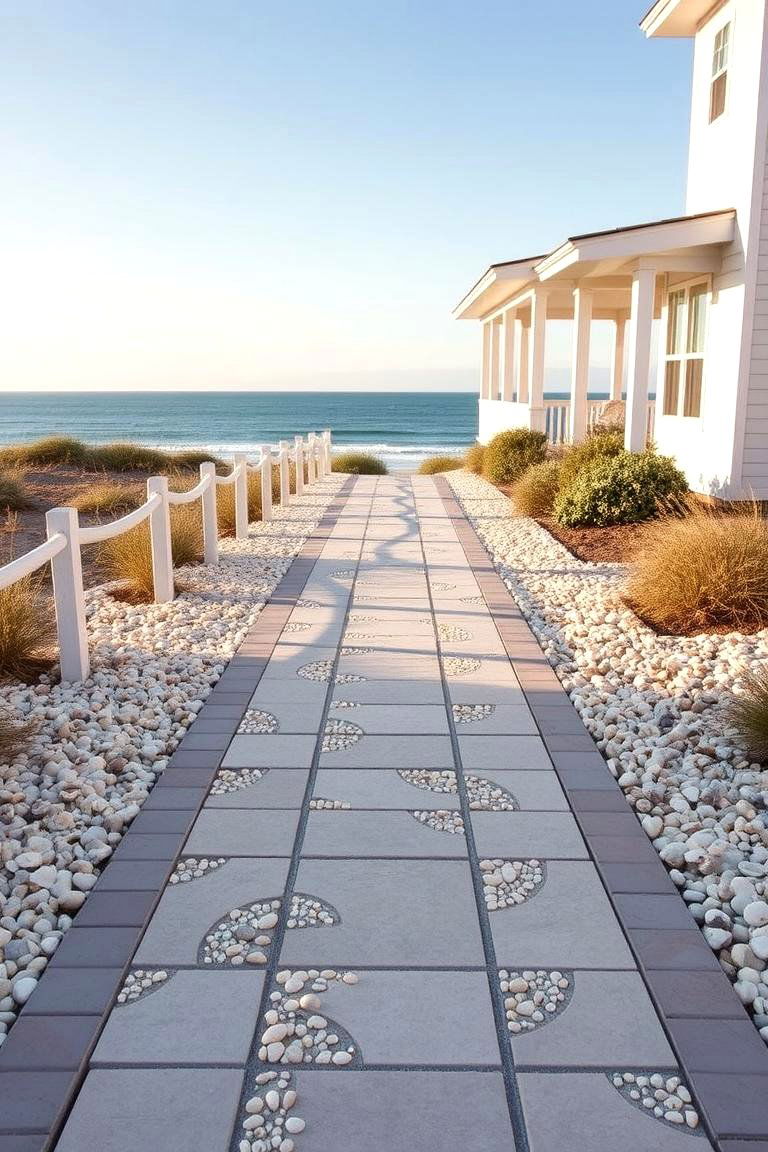 Coastal Inspired Shell Inlay Pavers Walkway - 24 Paver Walkway Ideas