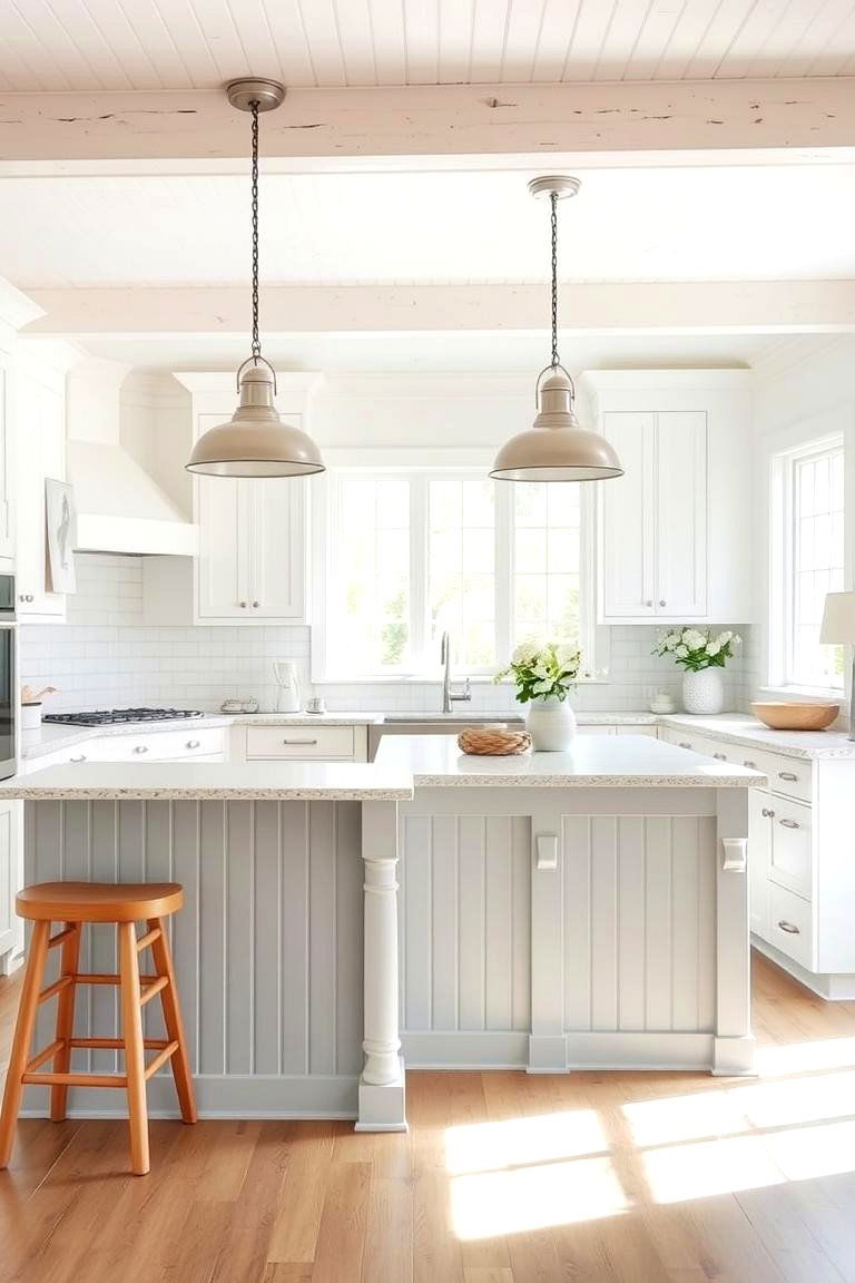 Coastal Inspired with Soft Grey Island and Beadboard - 24 White Kitchen Cabinets With Grey Island Ideas