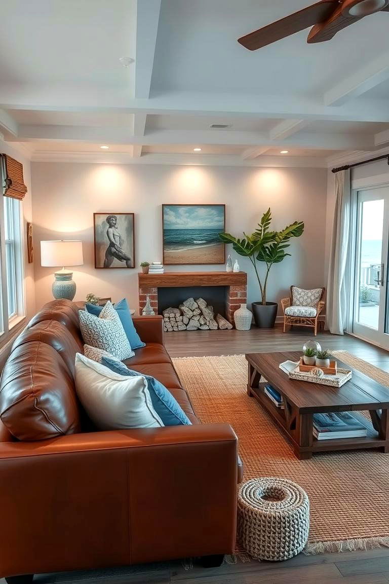 Coastal Retreat Vibes - 24 Brown Leather Couch Living Room Ideas