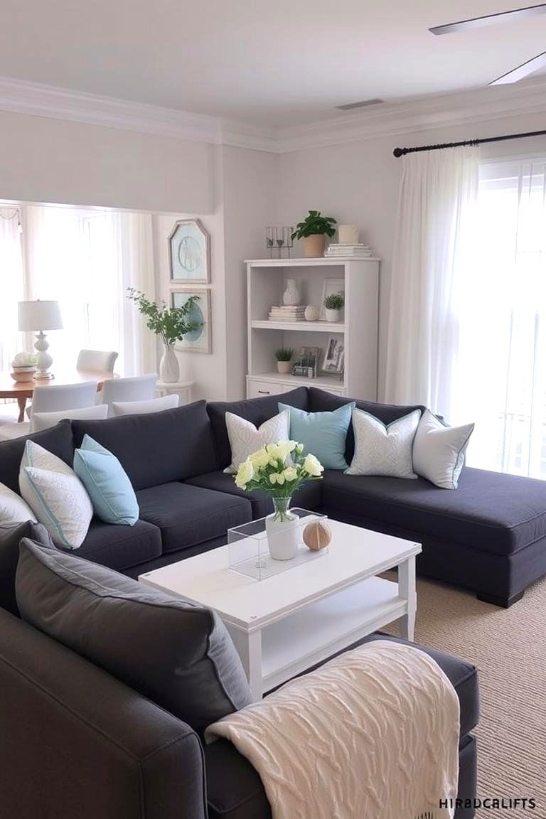 Coastal Retreat with Light Blues - 24 dark grey couch living room ideas