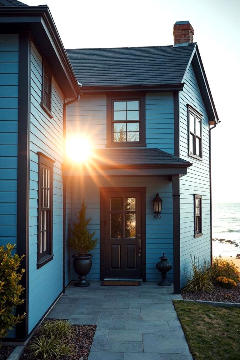 Coastal Serenity with Bold Trim - 24 Blue House With Black Trim Ideas