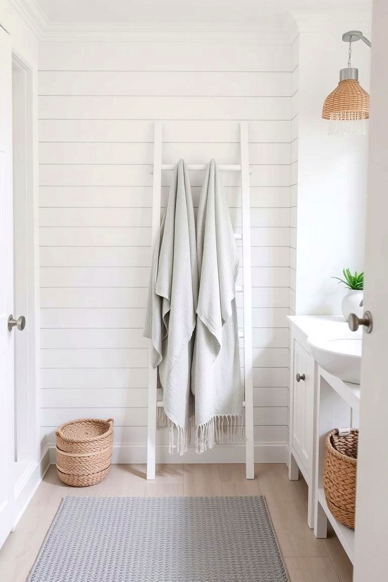 Coastal Themed White Shiplap Walls with Grey Accents - 24 Grey and White Bathroom Ideas