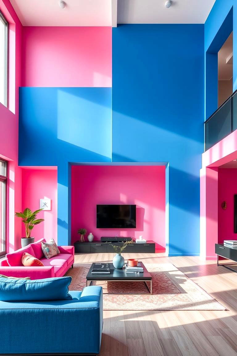 Color Block Walls - 24 Pink and Blue Living Room Ideas