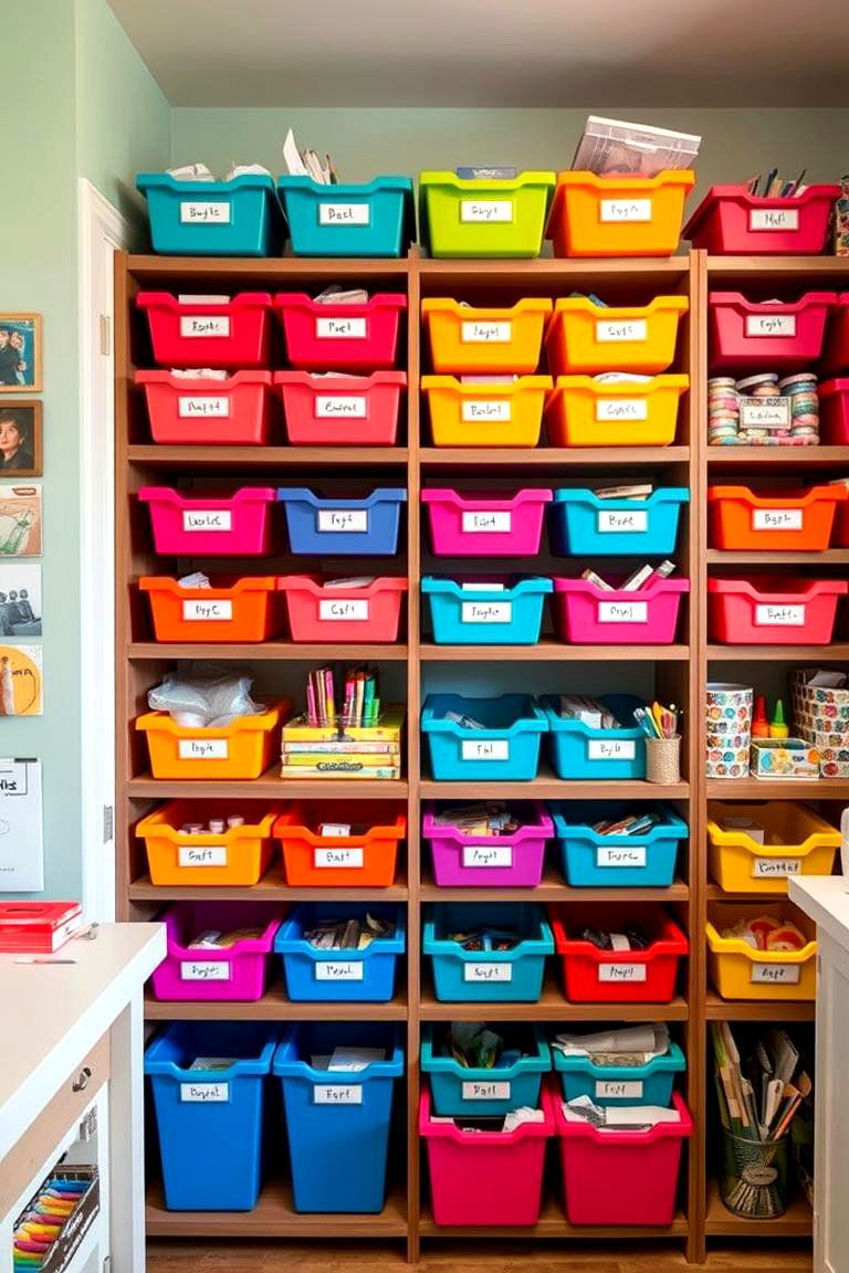 Color Coded Bins for Easy Sorting - 24 Craft Room Organization Ideas