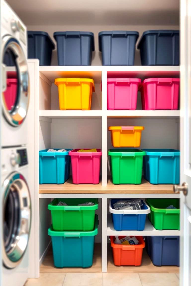 Color Coded Storage Bins - 24 Stackable Laundry Room Ideas