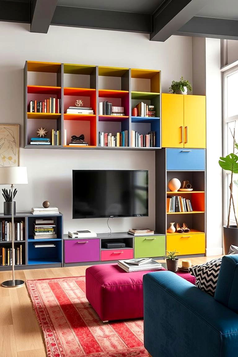 Colorful Bookshelves and Storage - 24 Colorful Living Room Ideas