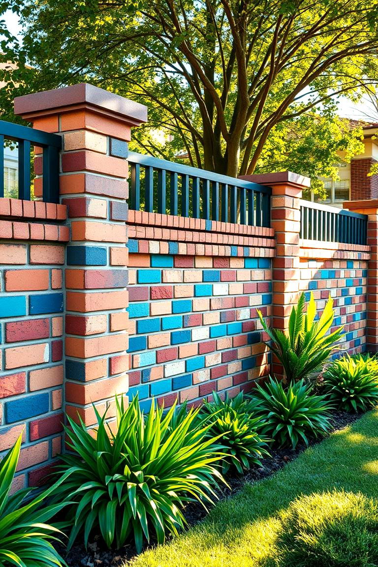 Colorful Brick Accent Fence - 24 Front Yard Brick Fence Ideas