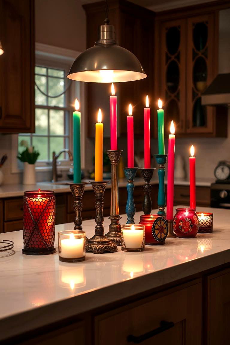 Colorful Candlelit Arrangement - 24 Kitchen Island Centerpiece Ideas