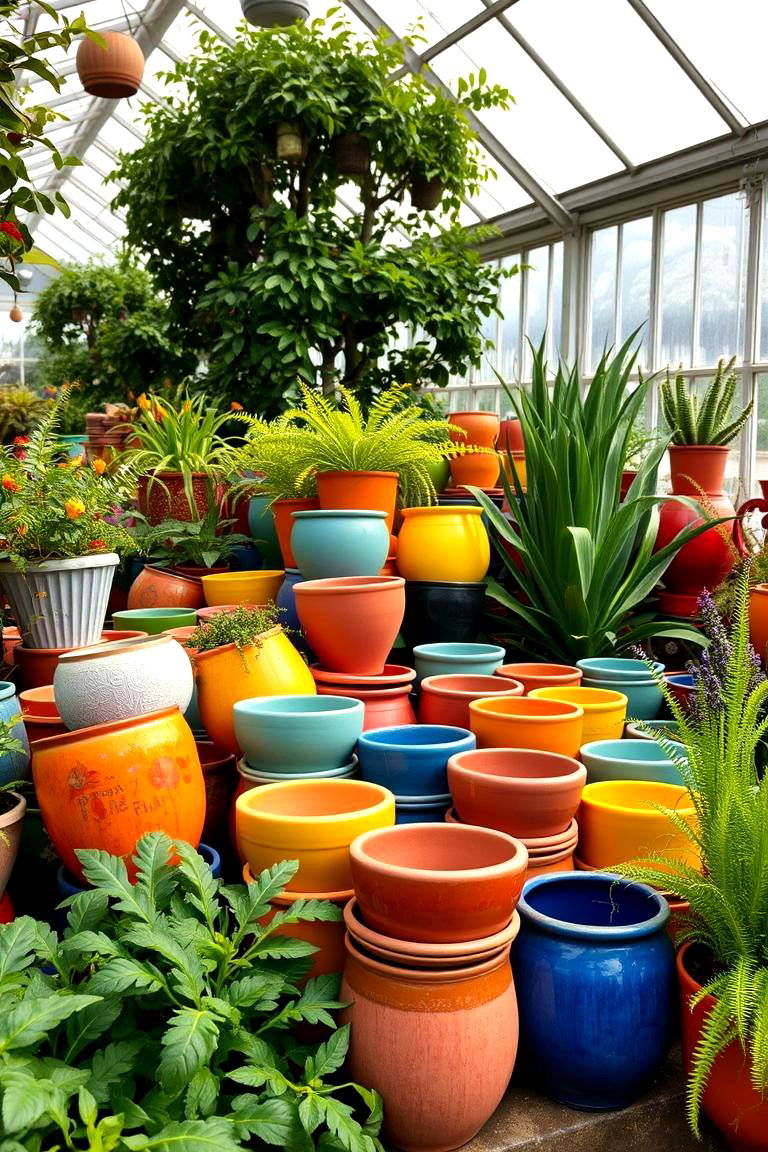 Colorful Ceramic Pots Arrangement - 24 Greenhouse Decor Ideas