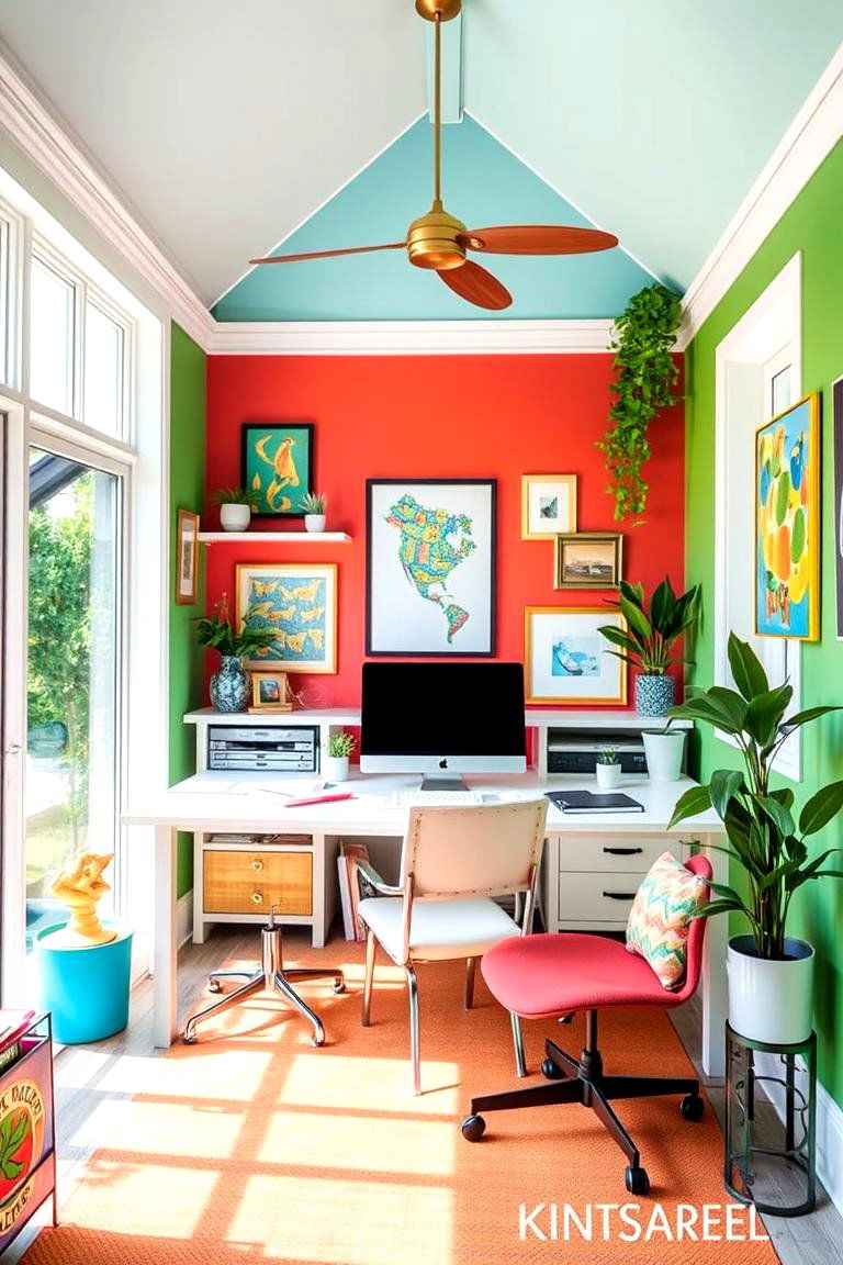 Colorful Creative Sunroom Office - 24 Sunroom Office Ideas