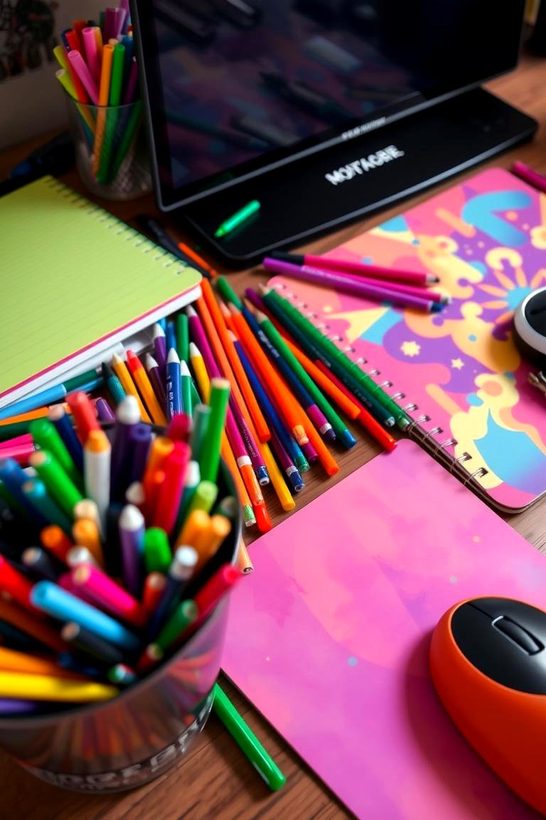Colorful Desk Accessories - 24 Cubicle Decor Ideas