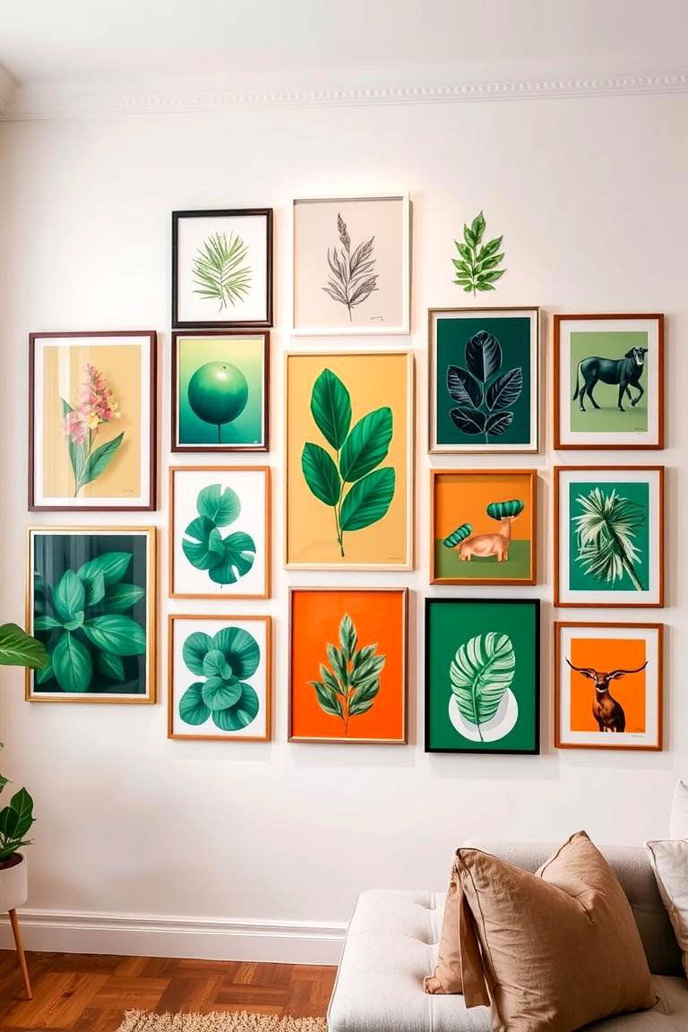Colorful Gallery Wall - 24 Green and Orange Living Room Ideas