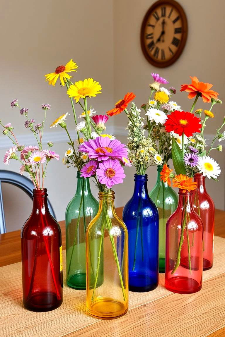Colorful Glass Bottles with Wildflowers - 24 Dining Table Centerpiece Ideas