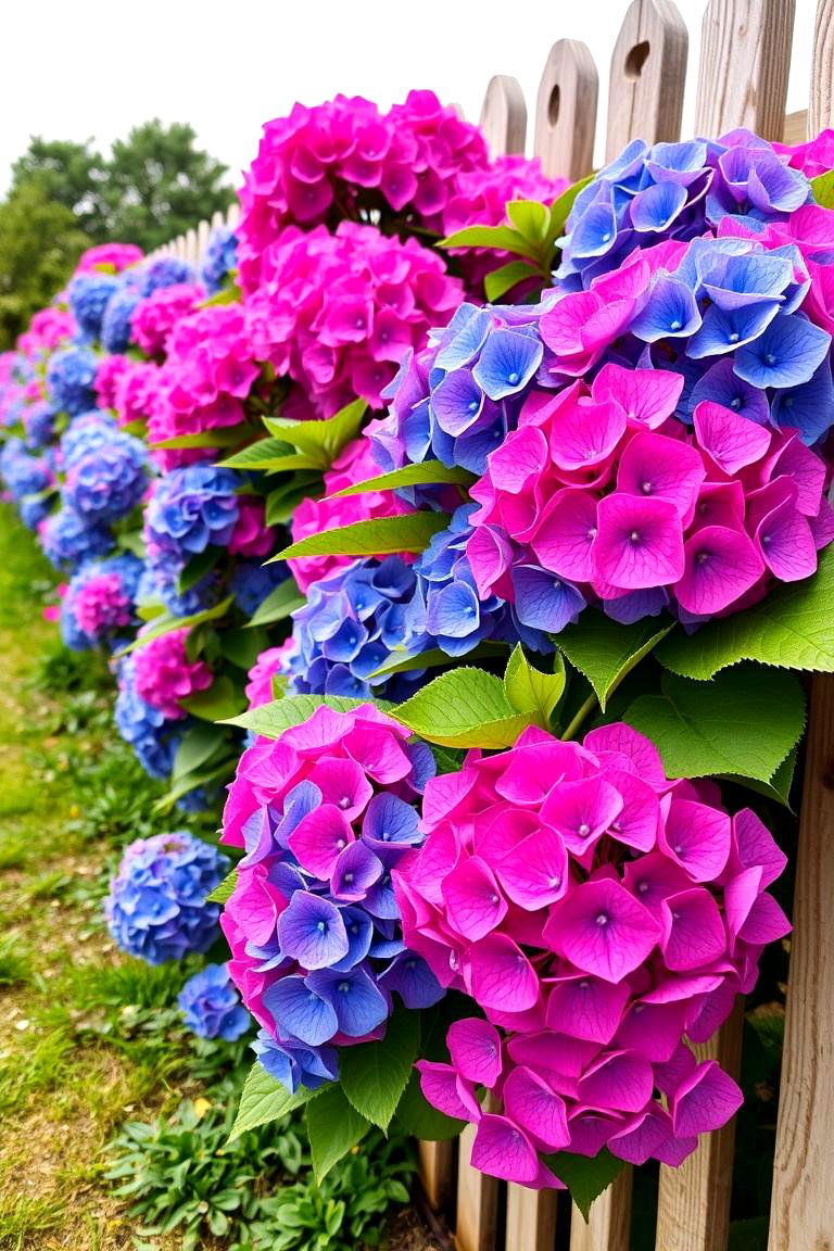 Colorful Hydrangea Border - 24 Simple Fence Line Landscaping Ideas