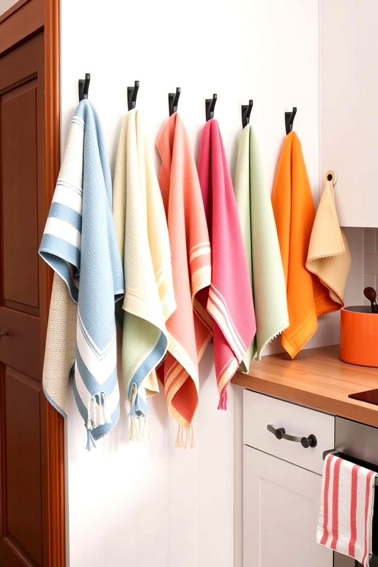 Colorful Kitchen Towels Display - 24 Kitchen Wall Decor Ideas