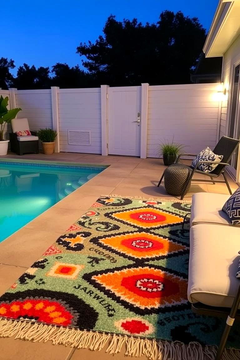 Colorful Outdoor Rugs by the Poolside - 24 Above Ground Pool Landscaping Ideas
