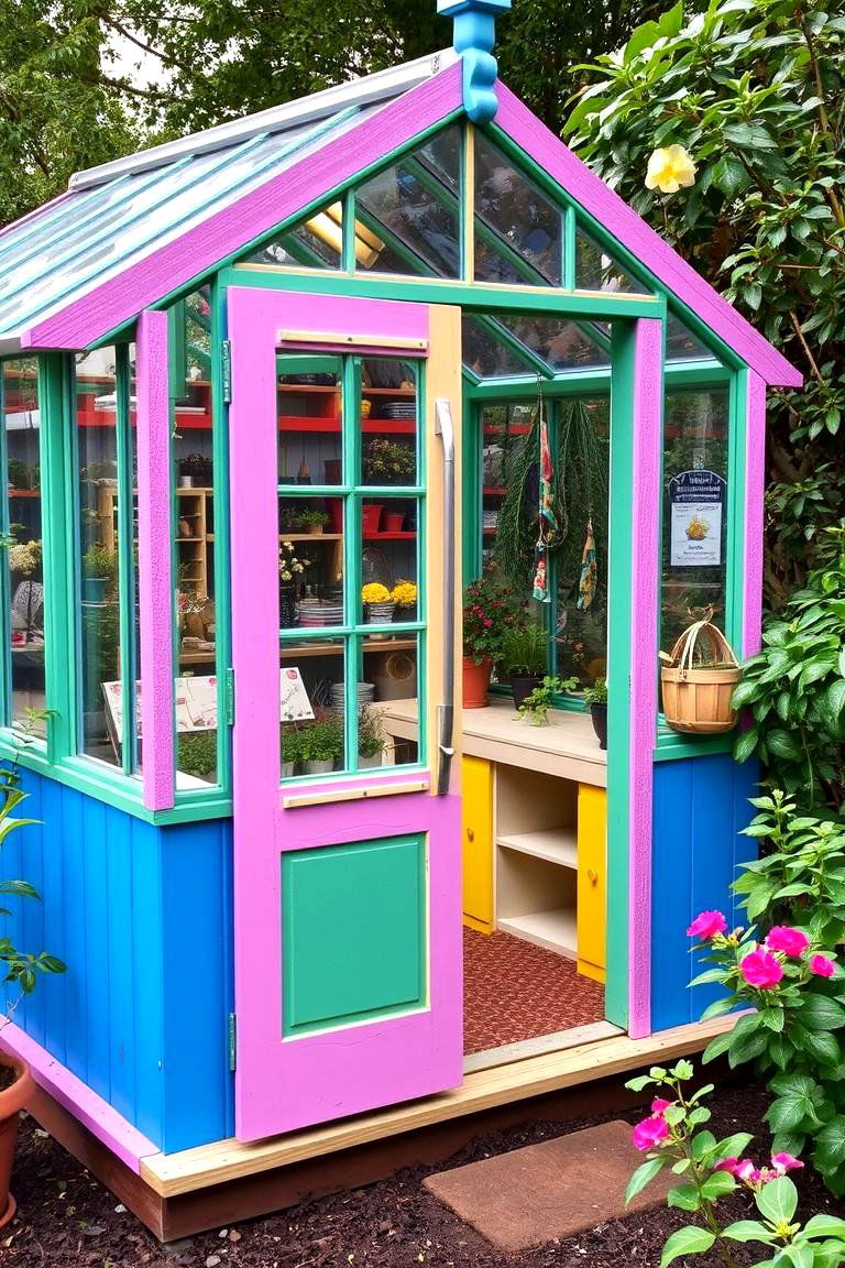 Colorful Painted Greenhouse - 24 Corner Greenhouse Ideas