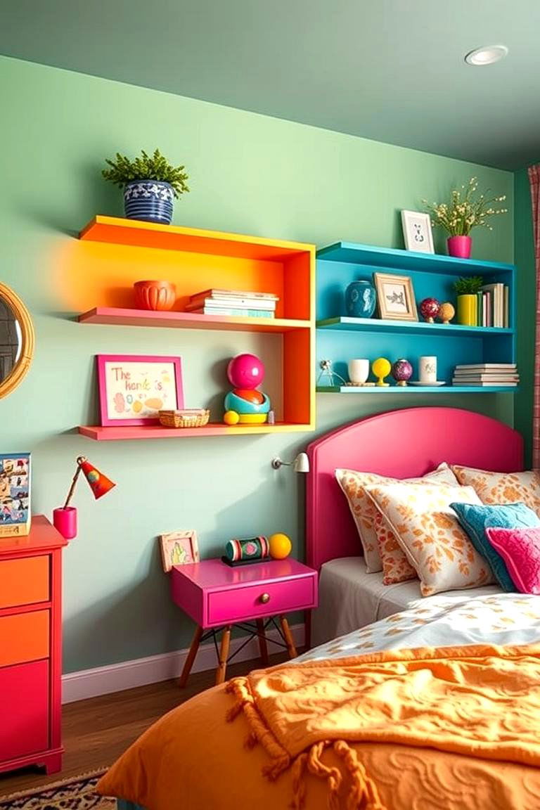 Colorful Painted Shelves - 24 Bedroom Shelving Ideas