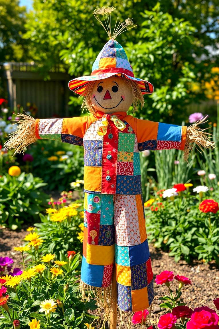 Colorful Patchwork Scarecrow - 24 Garden Scarecrow Ideas